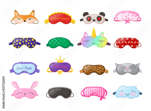 Sleep masks different shapes. Eye protection accessories and prevention of healthy sleep. Masks in form of cat, unicorn, fox, bunny, for New Year, Valentine's Day, etc. Vector illustration