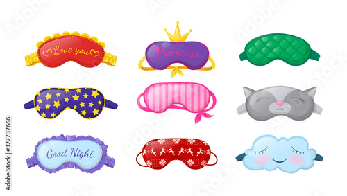 Sleep masks different shapes. Eye protection accessories and prevention of healthy sleep. Masks in form of cat, cloud, for New Year, Valentine's Day, etc. Vector illustration