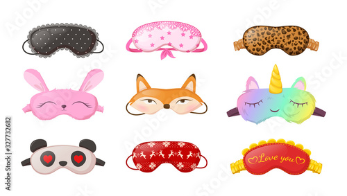 Sleep masks different shapes. Eye protection accessories and prevention of healthy sleep. Masks in form of cat, unicorn, fox, bunny, for New Year, Valentine's Day, etc. Vector illustration