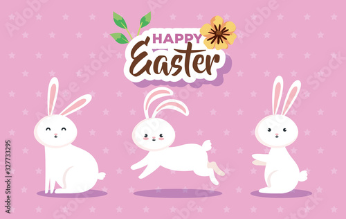 happy easter card with cute rabbits vector illustration design