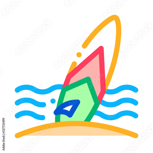 Surfing Board On Seaside Icon Thin Line Vector. Thailand Tourist Activity Surfing Equipment On Beach Color Symbol Illustration