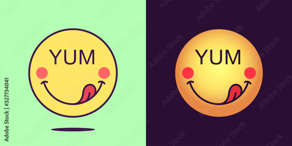 Vetor de Emoji face icon with phrase Yum. Enjoyable emoticon with