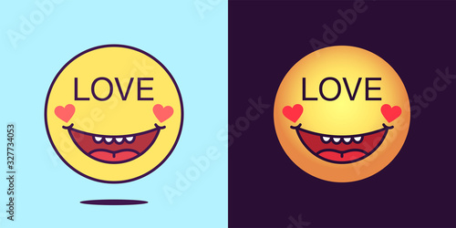 Emoji face icon with phrase Love. Enamored emoticon with text Love. Set of cartoon faces, emotion icon for social media