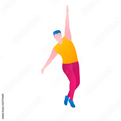 A man dancing in a club, flat vector illustration. A moveable guy performs dance pa and movements at the nightclub. A man in the rhythm of the carnival dances at a party isolated on a white background