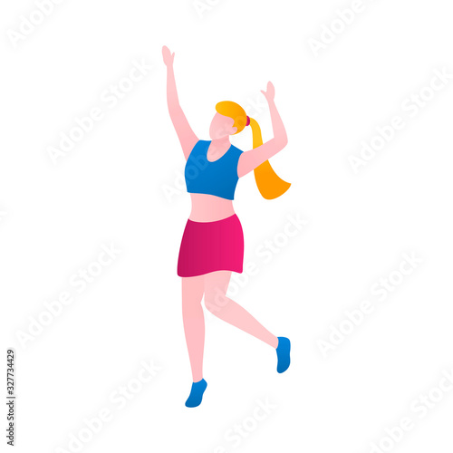 A girl in the nightclub, flat vector illustration. Woman dancing and perform having fun in a nightclub at a party. A young woman in movement on the dance floor isolated on a white background.