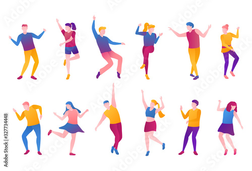 People nightlife set, flat vector illustration. Adult man boys and girls clubbers in bright clothes movement at party. A group of men and women is dancing and moves on an isolated white background.