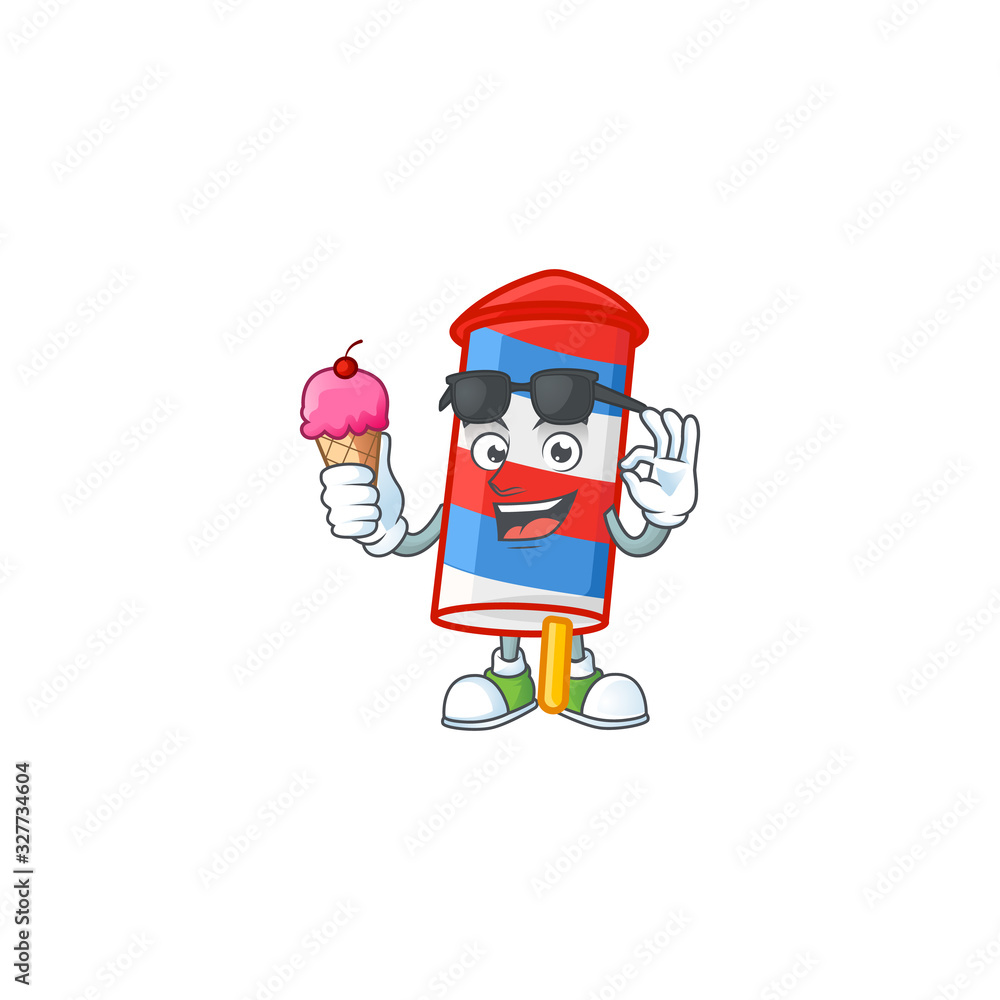 Rocket USA stripes mascot cartoon style eating an ice cream