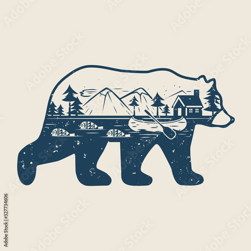 .Silhouette of a bear, river, canoe, fish, forest, mountains and a lodge on the shore. Double exposure. Wildlife concept. Vector vintage illustration..
