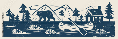 . River or lake, fish, canoe, bear, forest, mountains and  lodge on the shore. Vector vintage illustration.