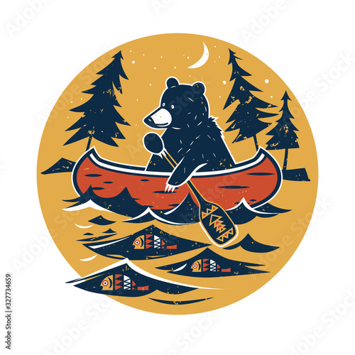 . .Canoe, bear with paddle, river or lake,fish, moon, starry sky and spruce forest. Colored vector illustration in the circle. Cartoon style..