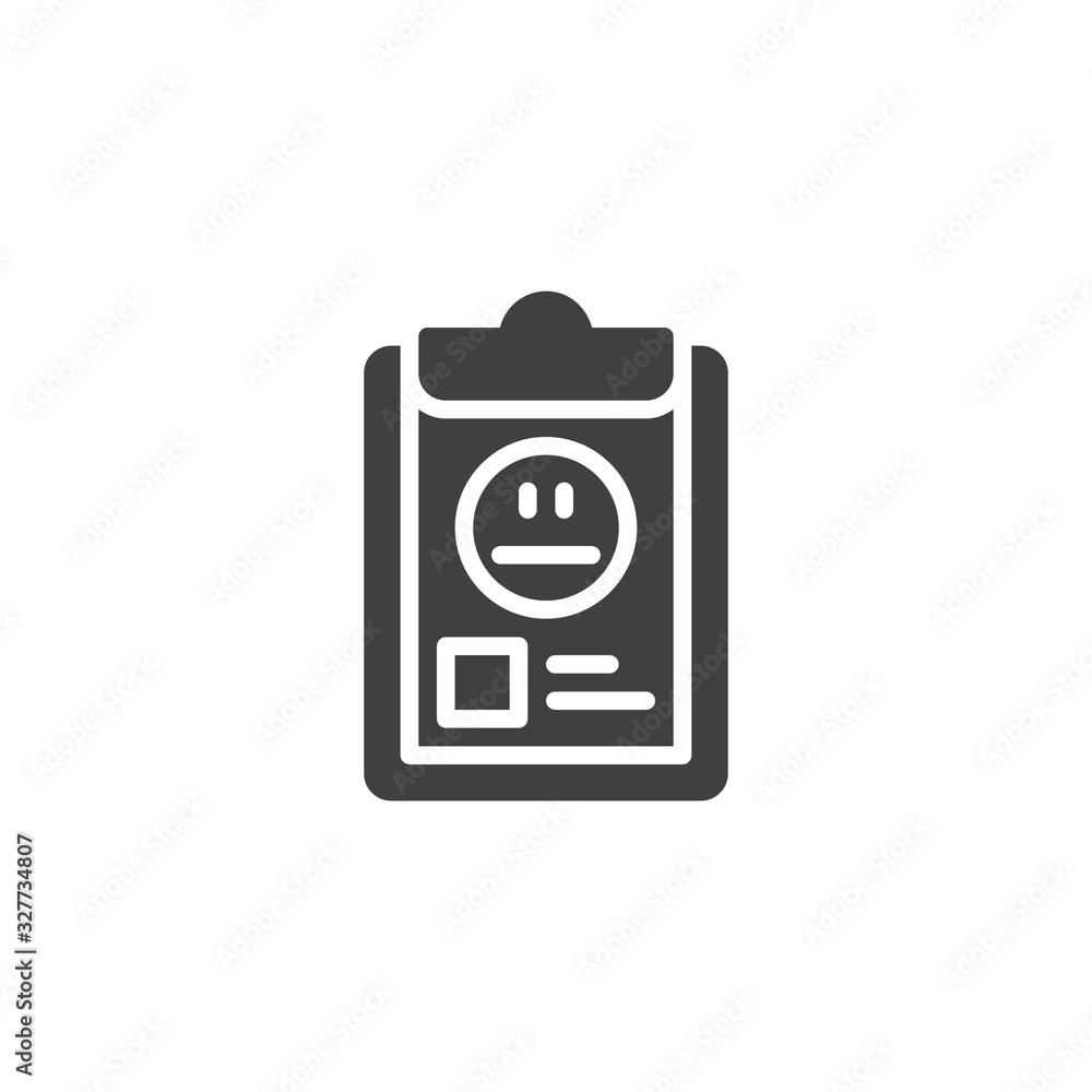 Customer feedback document vector icon. filled flat sign for mobile concept and web design. Clipboard with Feedback Emoticon glyph icon. Symbol, logo illustration. Vector graphics Customer feedback document vector icon. filled flat sign for mobile concept and web design. Clipboard with Feedback Emoticon glyph icon. Symbol, logo illustration. Vector graphics