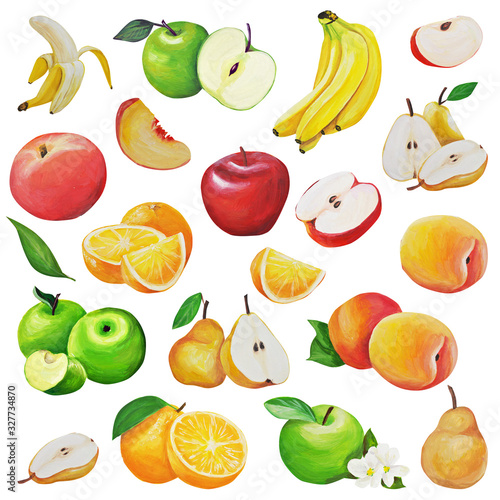  large fruit set. Fruits are drawn by hand, in gouache, in the style of oil painting. isolated on a white background. can be used for textiles, stationery, corporate identity, wallpaper.
