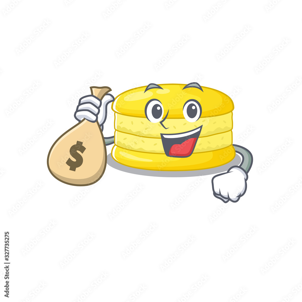 Fototapeta premium Rich and famous lemon macaron cartoon character holding money bag