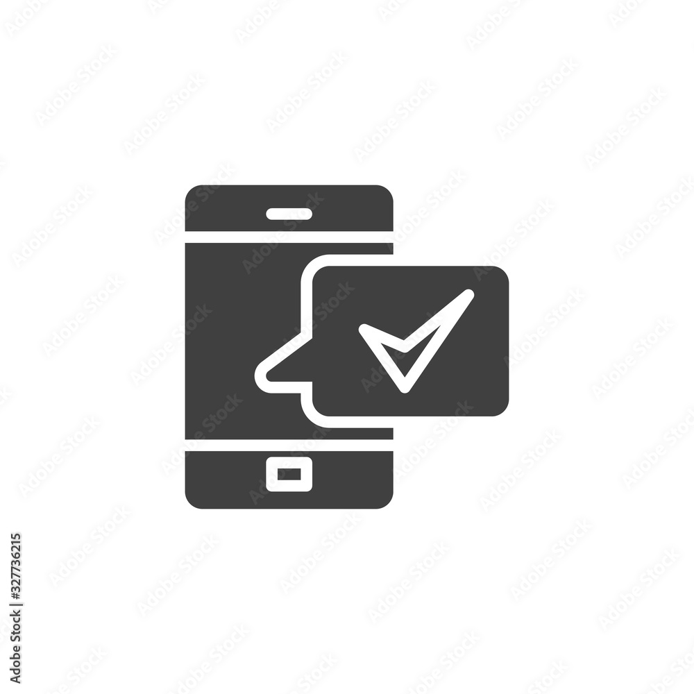 Mobile phone approval message vector icon. filled flat sign for mobile concept and web design. Smartphone with feedback speech bubble glyph icon. Symbol, logo illustration. Vector graphics Mobile phone approval message vector icon. filled flat sign for mobile concept and web design. Smartphone with feedback speech bubble glyph icon. Symbol, logo illustration. Vector graphics