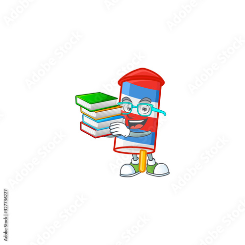 A brainy clever cartoon character of rocket USA stripes studying with some books