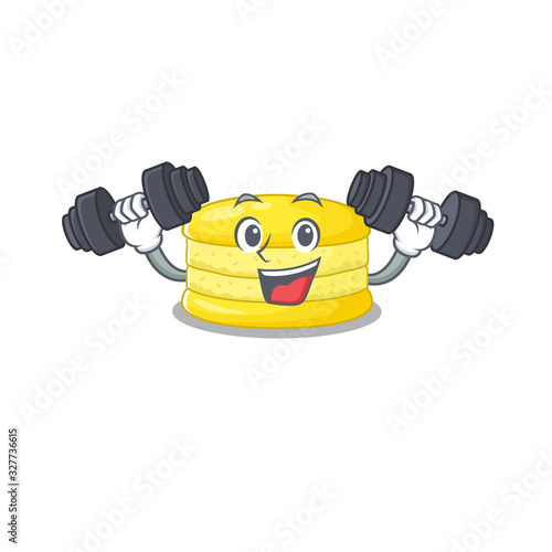 Sporty Fitness exercise lemon macaron mascot design using barbells