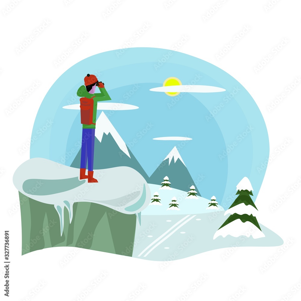 guy looks through binoculars from a cliff to the mountains and mountain snowy slopes