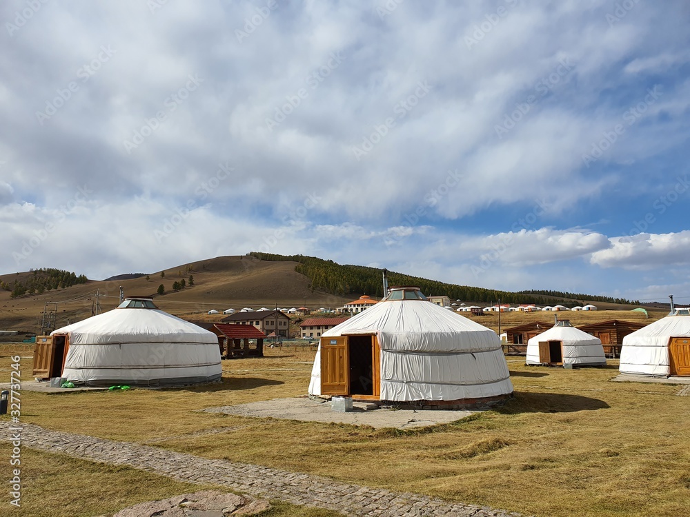 Mongolia Field Plains Sky Nature Scenery and a traditional house