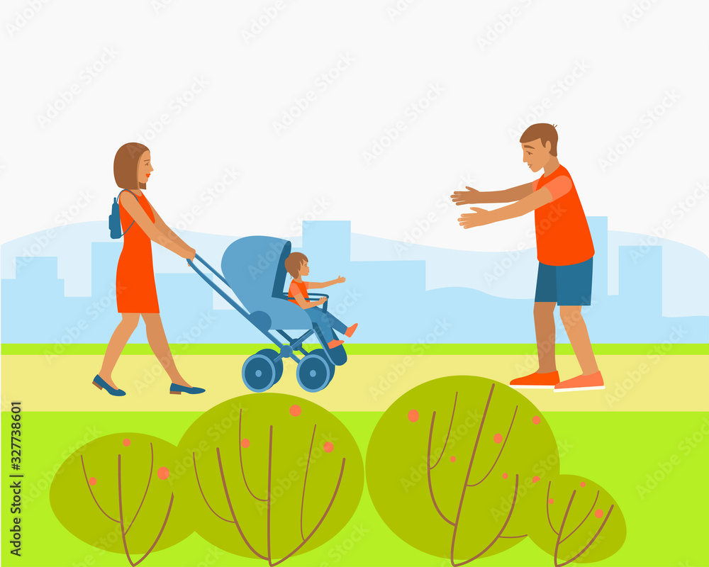 Mom takes the baby in a stroller to a meeting with dad. Family in the summer park. Family summer walk. Flat vector illustration.