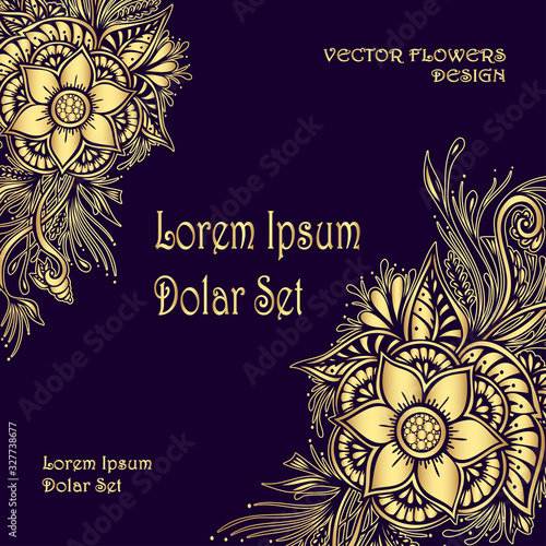 Background  with decorative flowers in gold on dark for  decoration package or for hygiene products or for cosmetic or perfume or for design wedding post card or for package of tea