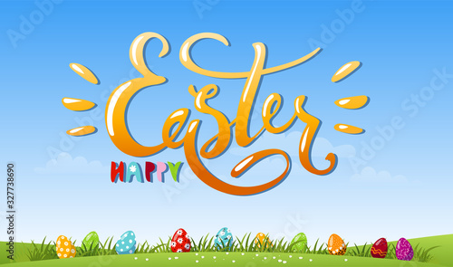 Colorful banner for the holiday. Happy Easter lettering against the background of a spring landscape, a green meadow with decorated eggs. Cartoon vector illustration.