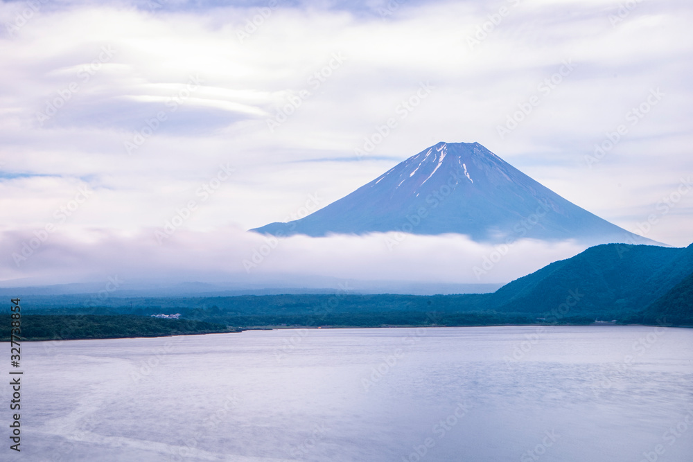 Fuji mountain in summer cloudy day at Motosuko Lake, Japan