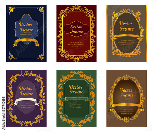 Gold luxury vintage antique ornament frame material set of 6, European decorative borders, cover templates, calligraphy illustrations, vector data.