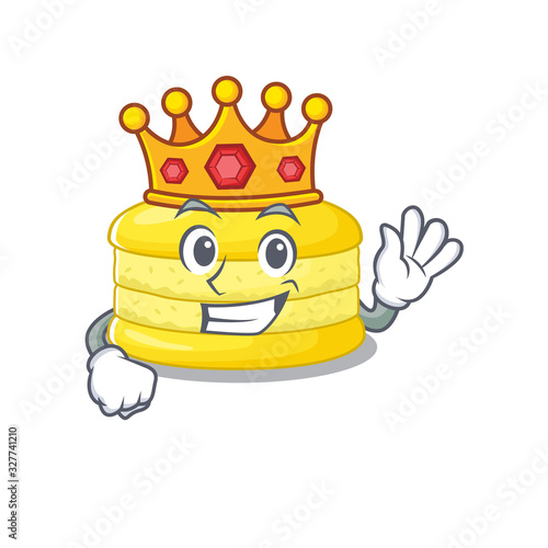 A cartoon mascot design of lemon macaron performed as a King on the stage