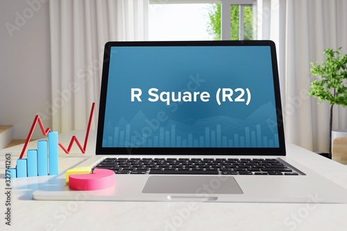 R Square (R2) – Statistics/Business. Laptop in the office with term on the Screen. Finance/Economy. photo