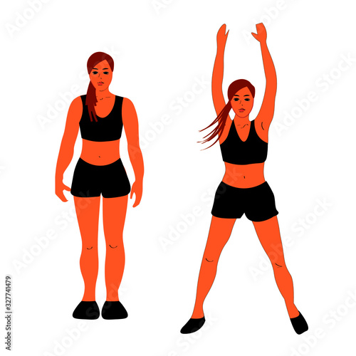 energetic womens doing sports. set of physical exercises. girl jumping. isolated on white background. motivation for losing weight. healthy lifestyle. vector illustration. О