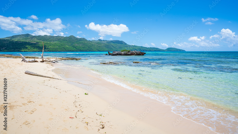 Idyllic tropical white sandy beach in Rincon, sunny day in Samana peninsula,Dominican Republic