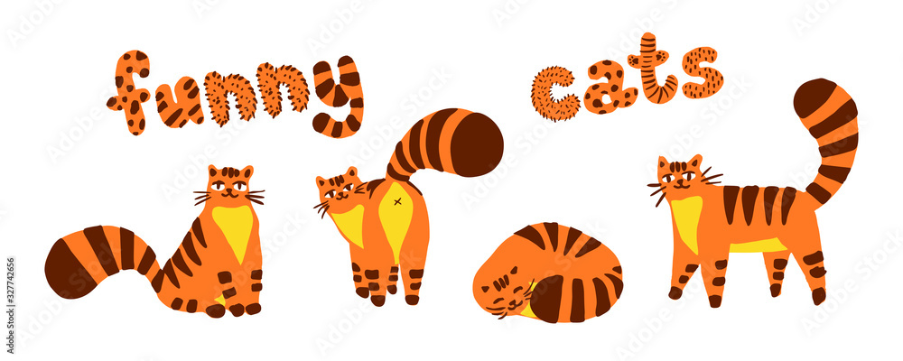Fototapeta premium Funny shy cats, set of illustrations color characters isolated on a white background. Flat hand drawn cartoon