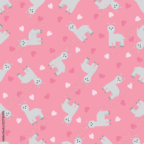 Seamless pattern with llamas alpacas and hearts. Vector illustration.