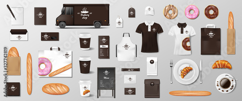 Mockup set for Bakery shop, Cafe, restaurant Brand identity. Realistic Bakery package mockup cup, pack, uniform, shirt, baguette, croissant, paper bag, apron isolated. Vector
