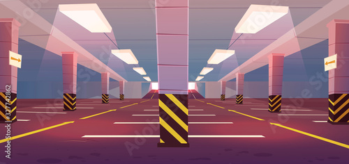 Underground car parking. Empty basement garage with road marking lots for automobiles, guiding arrows on road and columns to entrance. Vector cartoon interior of parking in mall or city house