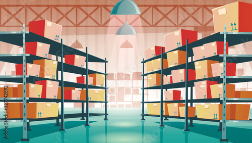 Warehouse interior with cardboard boxes on metal racks. Vector cartoon illustration of empty storage room interior with goods, cargo and parcels on shelves. Storehouse in store, garage, market