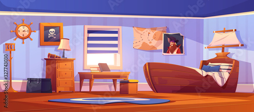 Kids bedroom interior in pirate thematic with ship bed, captain portrait and pirate flag on wall. Vector cartoon illustration of empty children room with spyglass, steering wheel clock and map