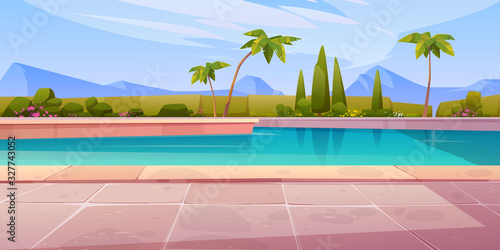 Swimming pool in hotel or resort outdoors  empty poolside with blue water  palm trees  green plant fencing and tiled floor on mountain landscape background. Exotic island cartoon vector illustration