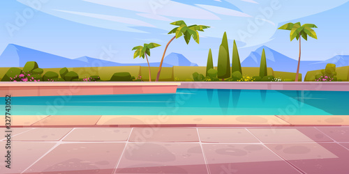 Swimming pool in hotel or resort outdoors, empty poolside with blue water, palm trees, green plant fencing and tiled floor on mountain landscape background. Exotic island cartoon vector illustration