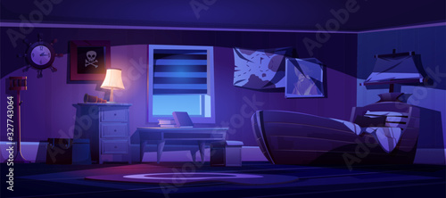 Kids bedroom interior in pirate thematic at night. Vector cartoon illustration of dark children room with ship bed, glowing lamp, captain portrait, steering wheel clock and pirate flag on wall