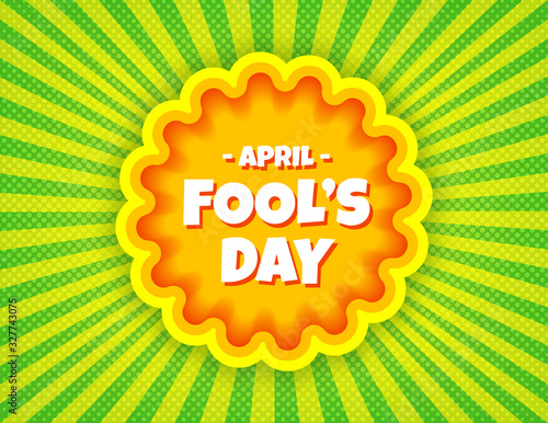 April Fool's Day pop art comic banner template. Vector funny postcard. Decorative swirl stripes background for april fool's holiday in bright juicy colors. For posters, flyers, social media.