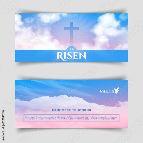 Christian religious design for Easter celebration. Narrow horizontal vector banners. Text: He is risen, shining Cross and heaven with white clouds.