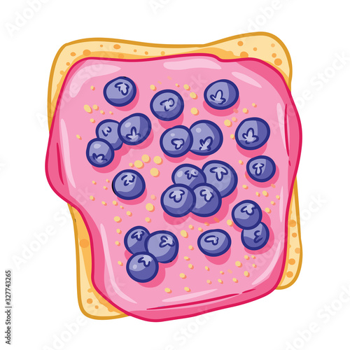 Toast bread isolated icon on white background. Sandwich with pink icing spread butter and blueberry doodle. Breakfast food. Flat style vector illustration. Media highlights glyph symbol
