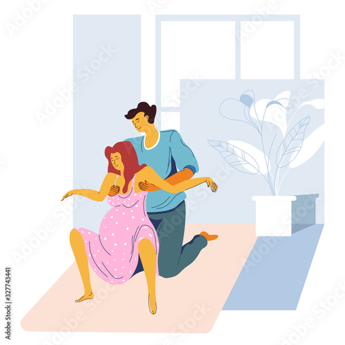 Childbirth preparing, giving birth position, pregnant woman and husband
