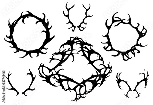 Set of black silhouettes of deer horns, round frames of antlers. The object is separate from the background. Vector object for invitation, greeting cards and your design.
