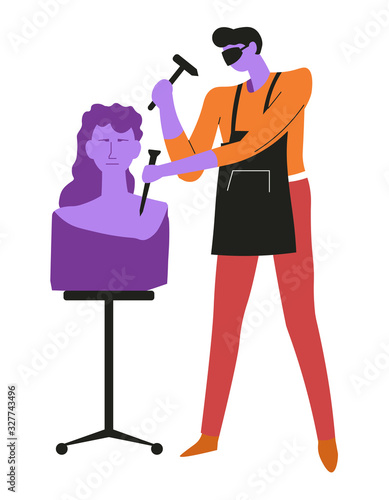 Sculptor working on sculpture of woman, art and creation, isolated character