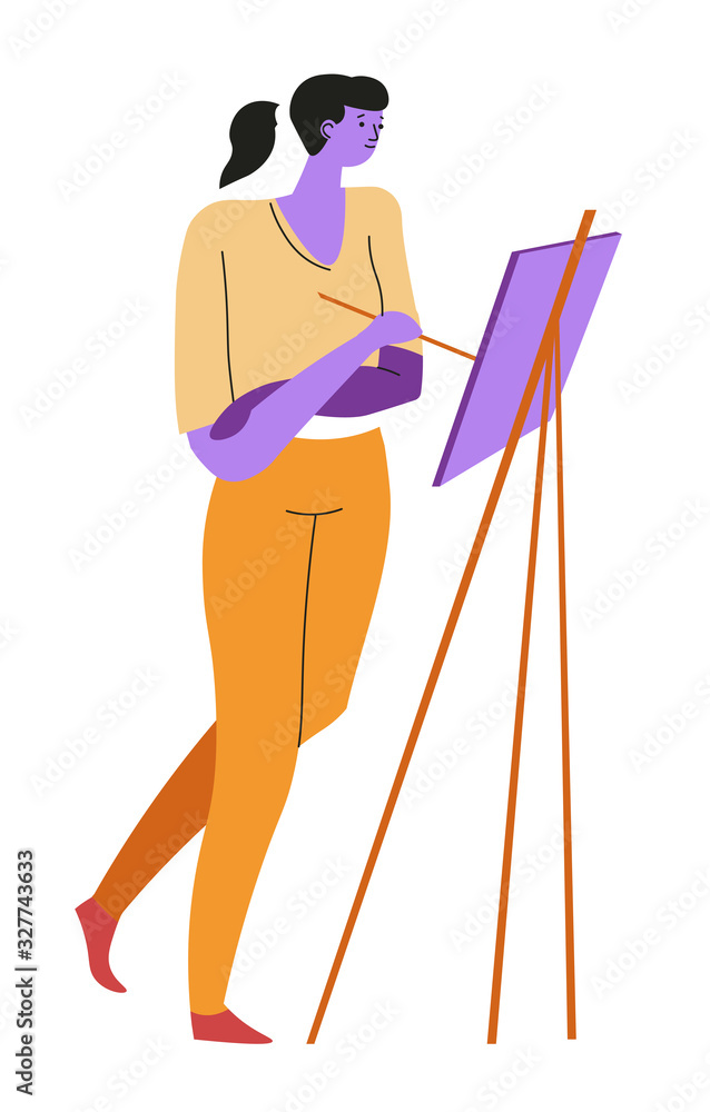 Woman painting on canvas and easel, isolated female character