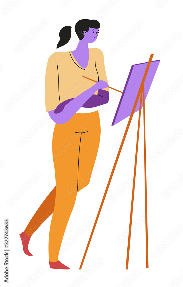 Fototapeta premium Woman painting on canvas and easel, isolated female character
