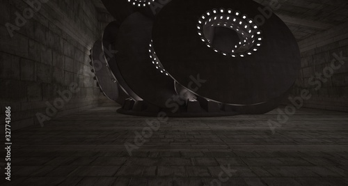 Architectural background. Abstract concrete interior with smooth discs. Neon lighting. 3D illustration and rendering.