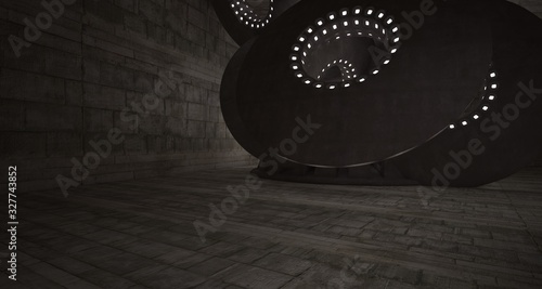 Architectural background. Abstract concrete interior with smooth discs. Neon lighting. 3D illustration and rendering.